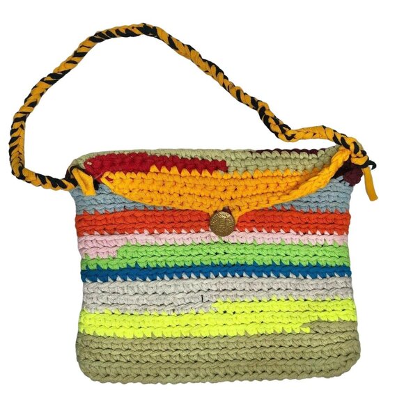Handcrafted Crochet Rainbow Shoulder Bag With Button Closure & Braided Strap New - Picture 1 of 7
